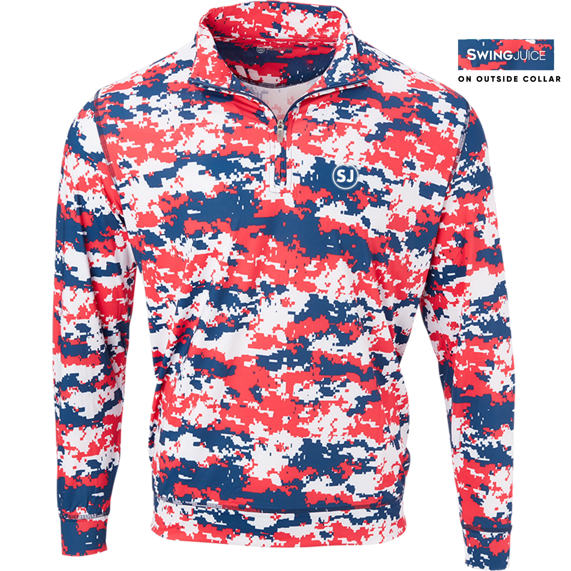 SwingJuice Golf Camo Performance 1/4 Zip Long Sleeve Mens Pullover-Red White Blue