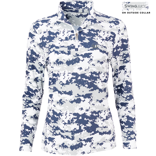 SwingJuice Golf Performance Women's Camo 1/4 Zip Long Sleeve Pullover-Navy