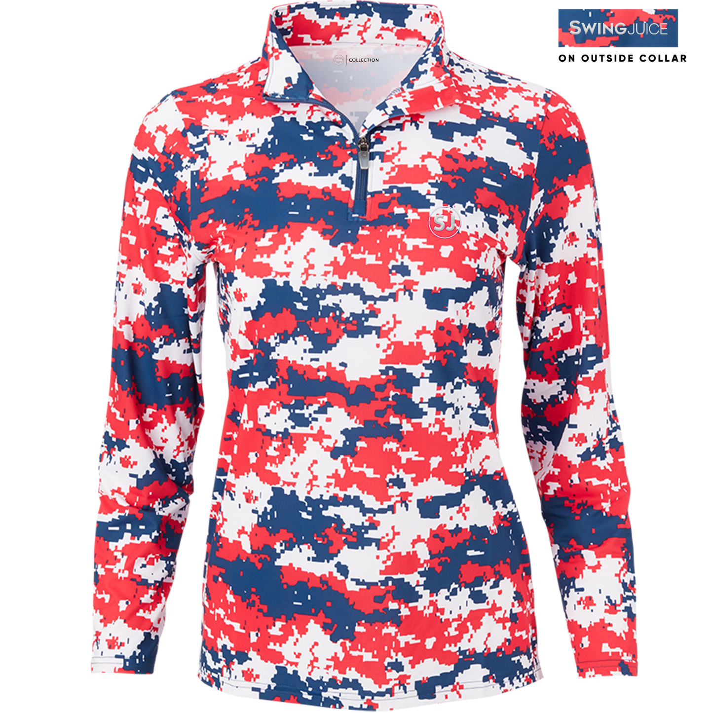 SwingJuice Golf Performance Women's Camo 1/4 Zip Long Sleeve Pullover-Red White Blue