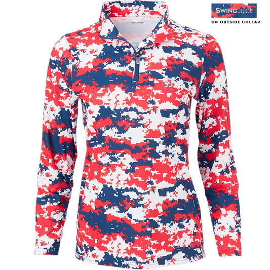 SwingJuice Golf Performance Women's Camo 1/4 Zip Long Sleeve Pullover-Red White Blue