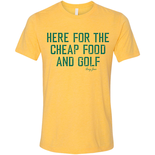 SwingJuice Golf Here For The Cheap Food And Golf Unisex Short Sleeve T-Shirt-Yellow