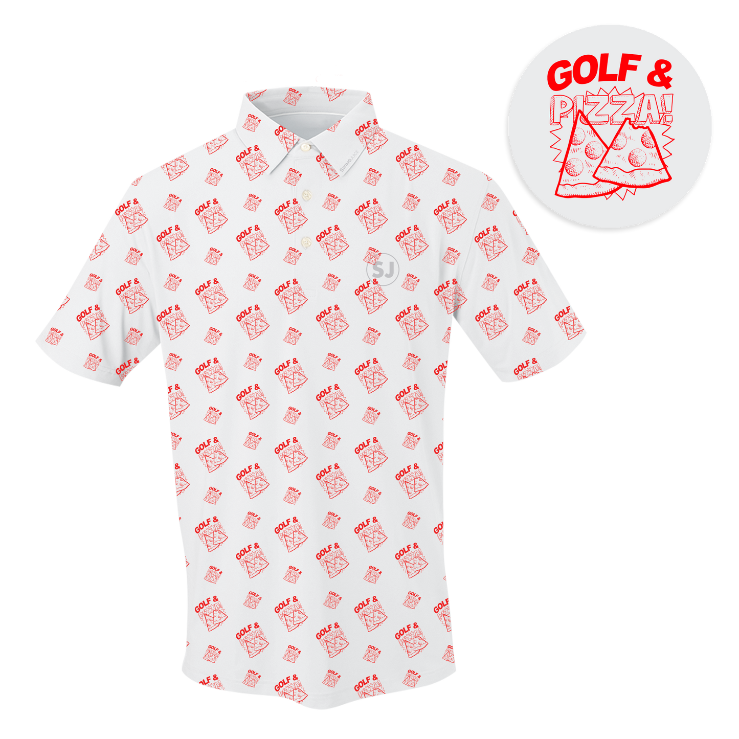 SwingJuice Golf & Pizza Men's Performance Polo-White