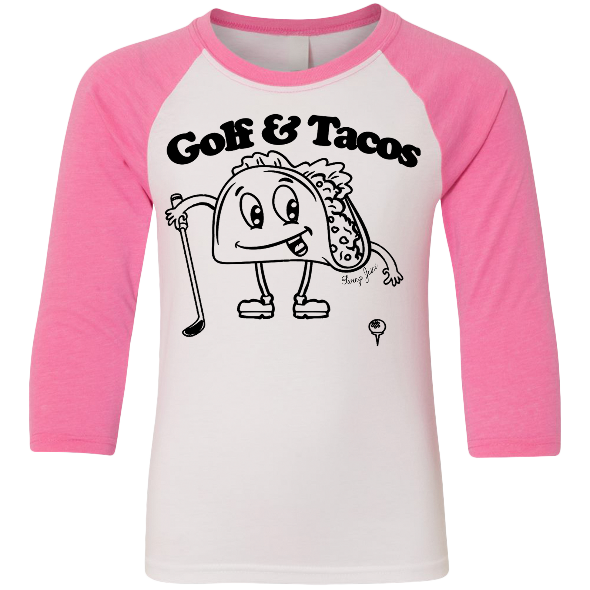 SwingJuice Golf & Tacos Kids 3/4 Sleeve Raglan T-Shirt-Pink