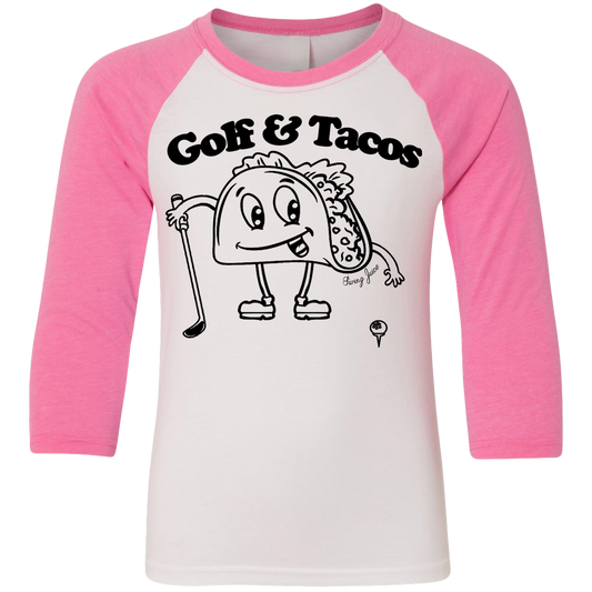 SwingJuice Golf & Tacos Kids 3/4 Sleeve Raglan T-Shirt-Pink