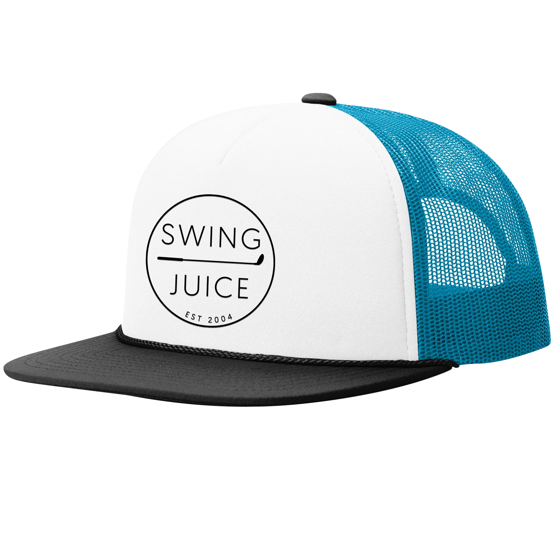 SwingJuice Golf Retro Foam Trucker Hat-White Neon Blue Black