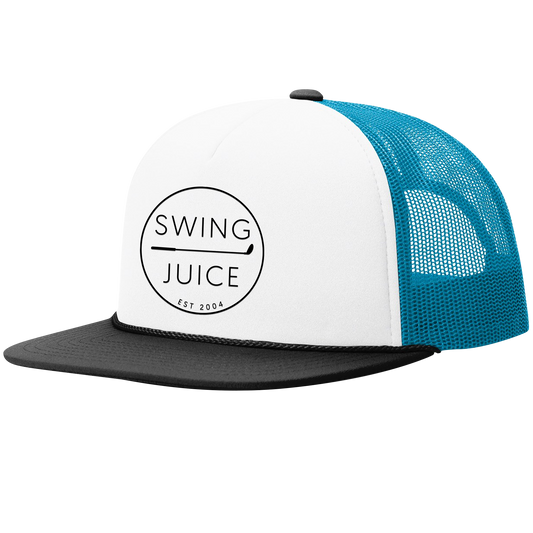 SwingJuice Golf Retro Foam Trucker Hat-White Neon Blue Black